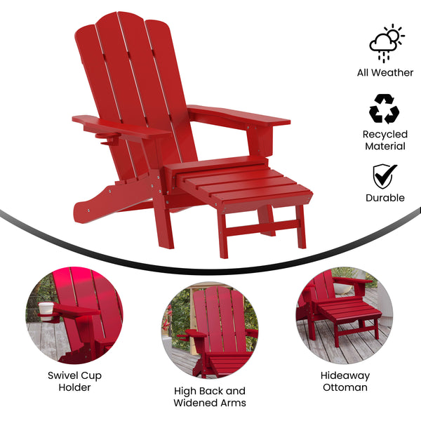 Red |#| Commercial All-Weather Adirondack Chair with Pullout Ottoman & Cupholder - Red