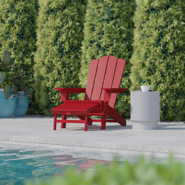 Red |#| Commercial All-Weather Adirondack Chair with Pullout Ottoman & Cupholder - Red