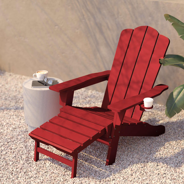 Red |#| Commercial All-Weather Adirondack Chair with Pullout Ottoman & Cupholder - Red