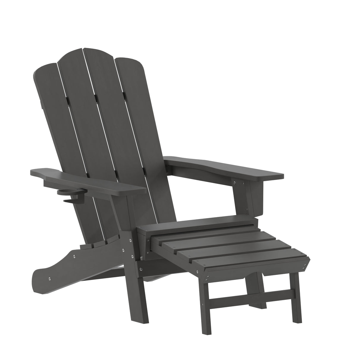 Gray |#| Commercial All-Weather Adirondack Chair with Pullout Ottoman & Cupholder - Gray