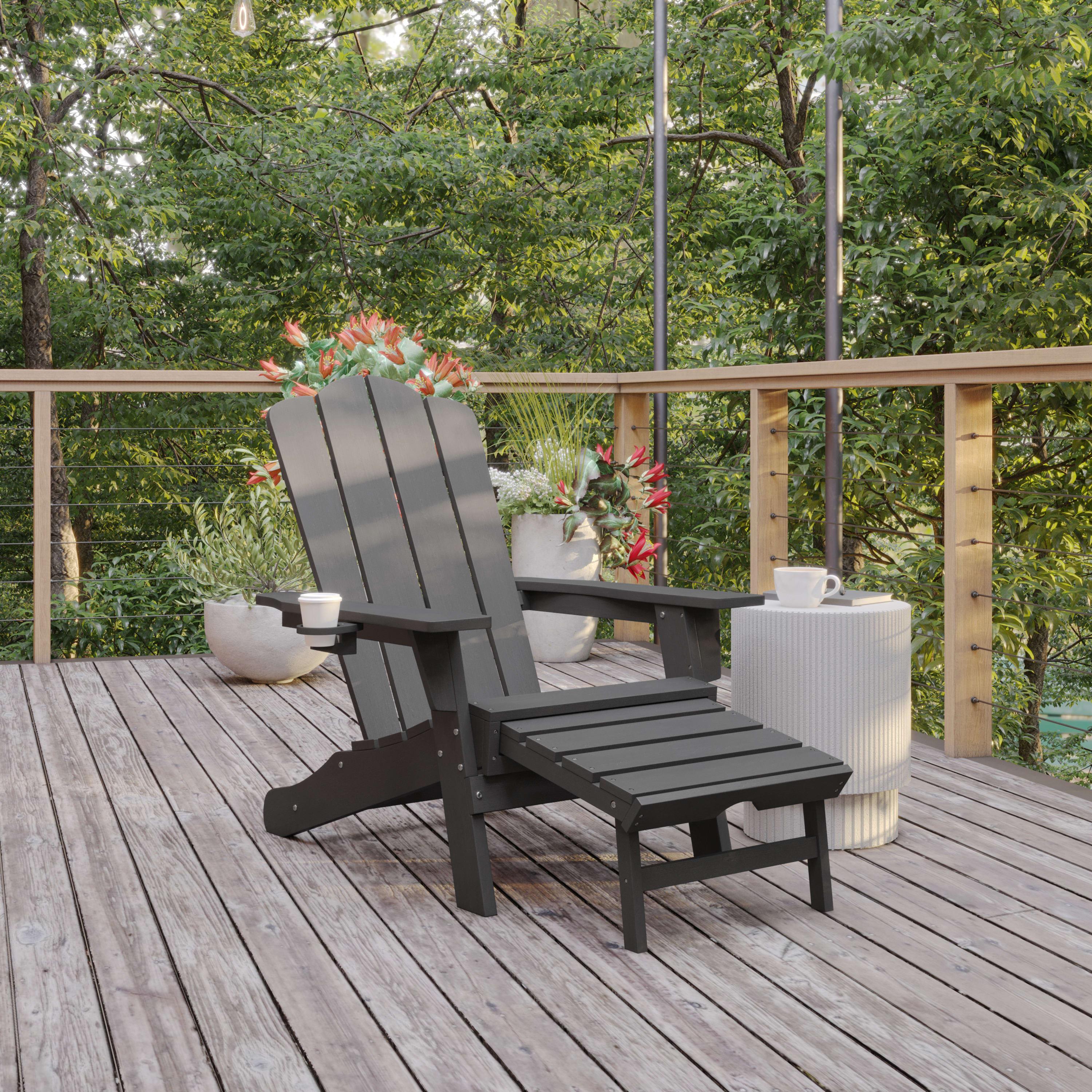 Flash Furniture Newport HDPE Adirondack Chair with Cup Holder and Pull Out Ottoman All Weather HDPE Indoor Outdoor Lounge Chair in Red