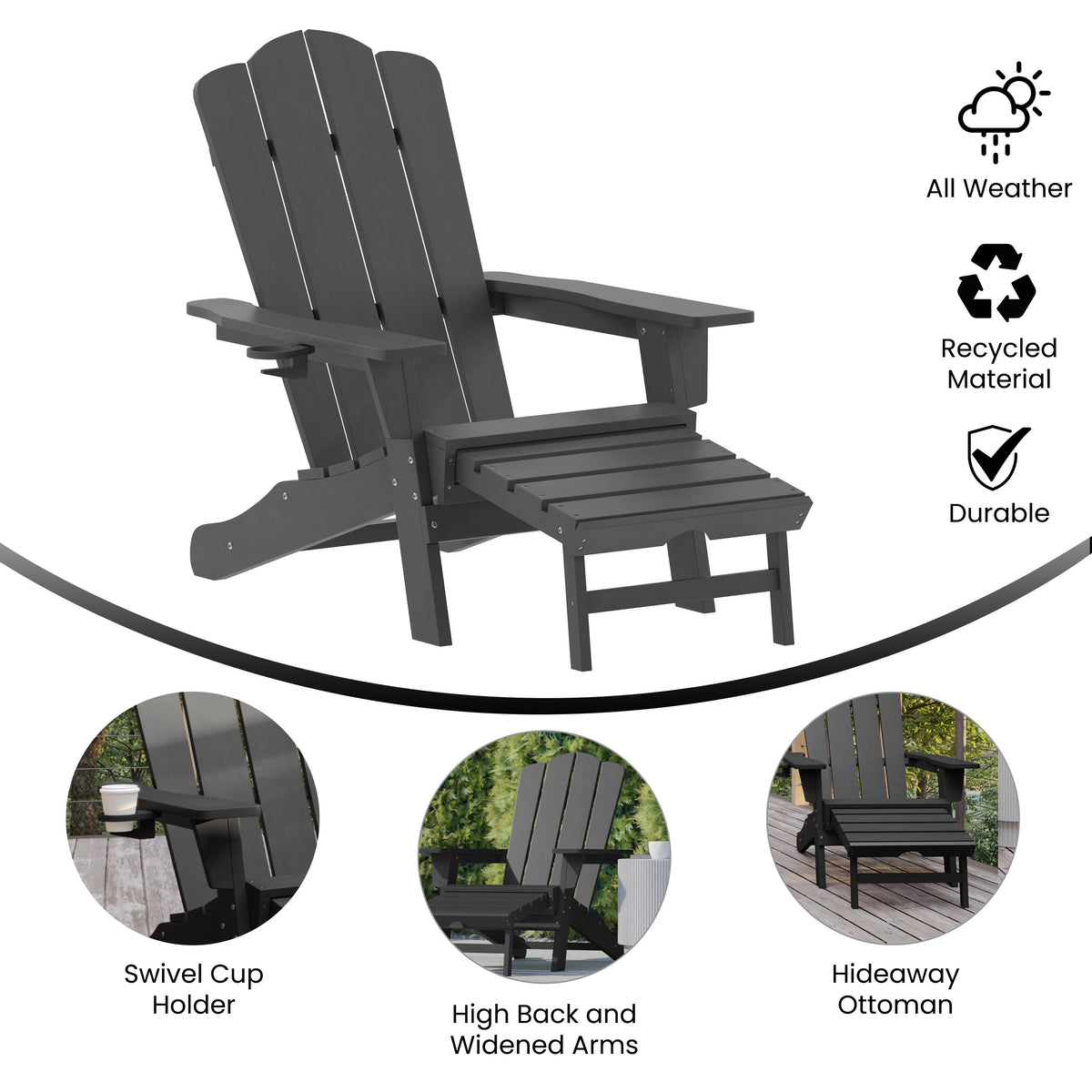 Gray |#| Commercial All-Weather Adirondack Chair with Pullout Ottoman & Cupholder - Gray