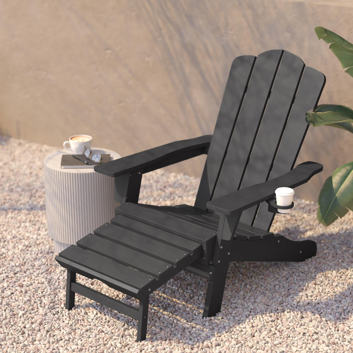 Gray |#| Commercial All-Weather Adirondack Chair with Pullout Ottoman & Cupholder - Gray