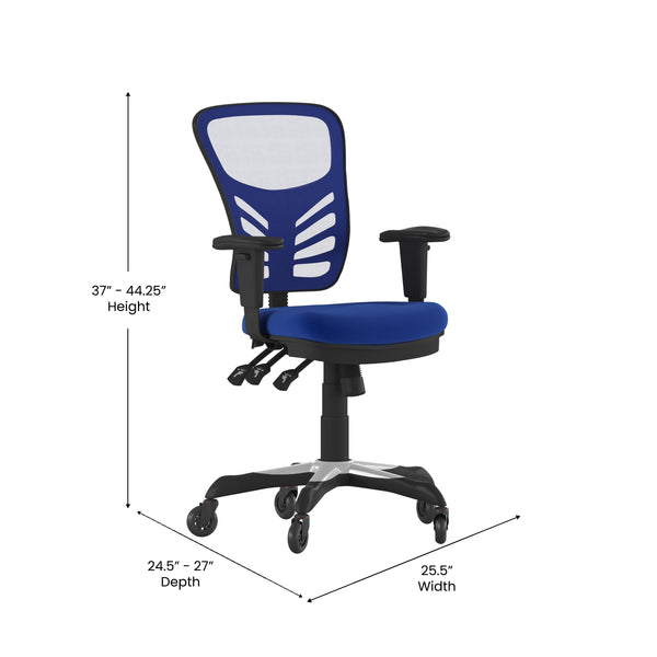 Blue/Black Frame |#| Mid-Back Ergonomic Multifunction Mesh Chair with Polyurethane Wheels-Blue