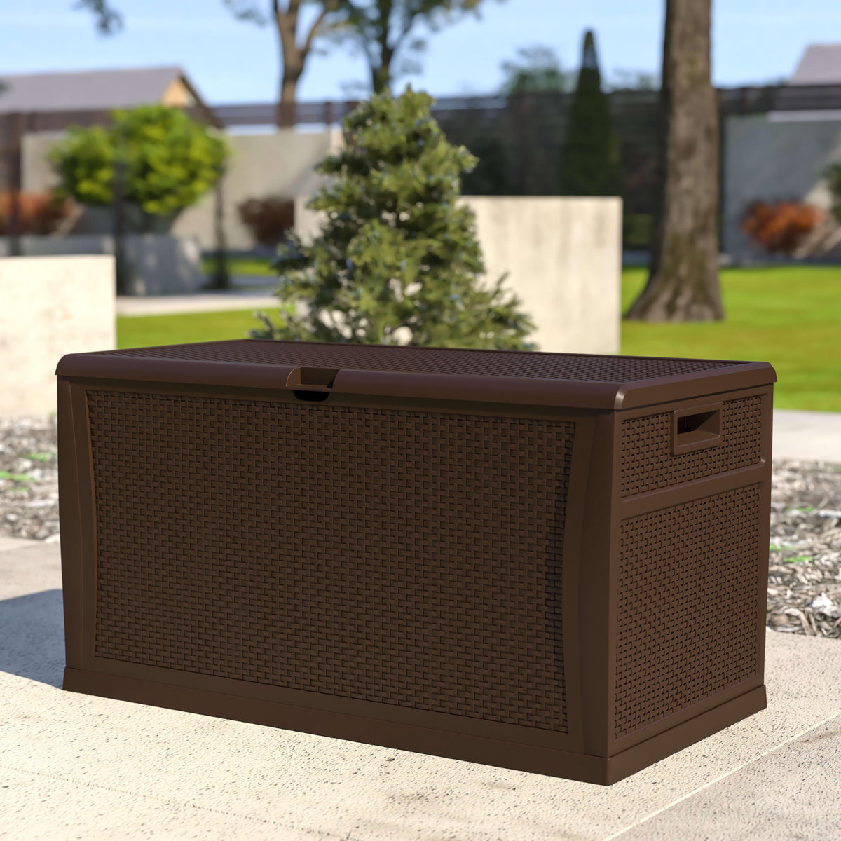 Brown |#| 120 Gallon Brown Plastic Deck Box for Outdoor Patio Storage & Deck Organization