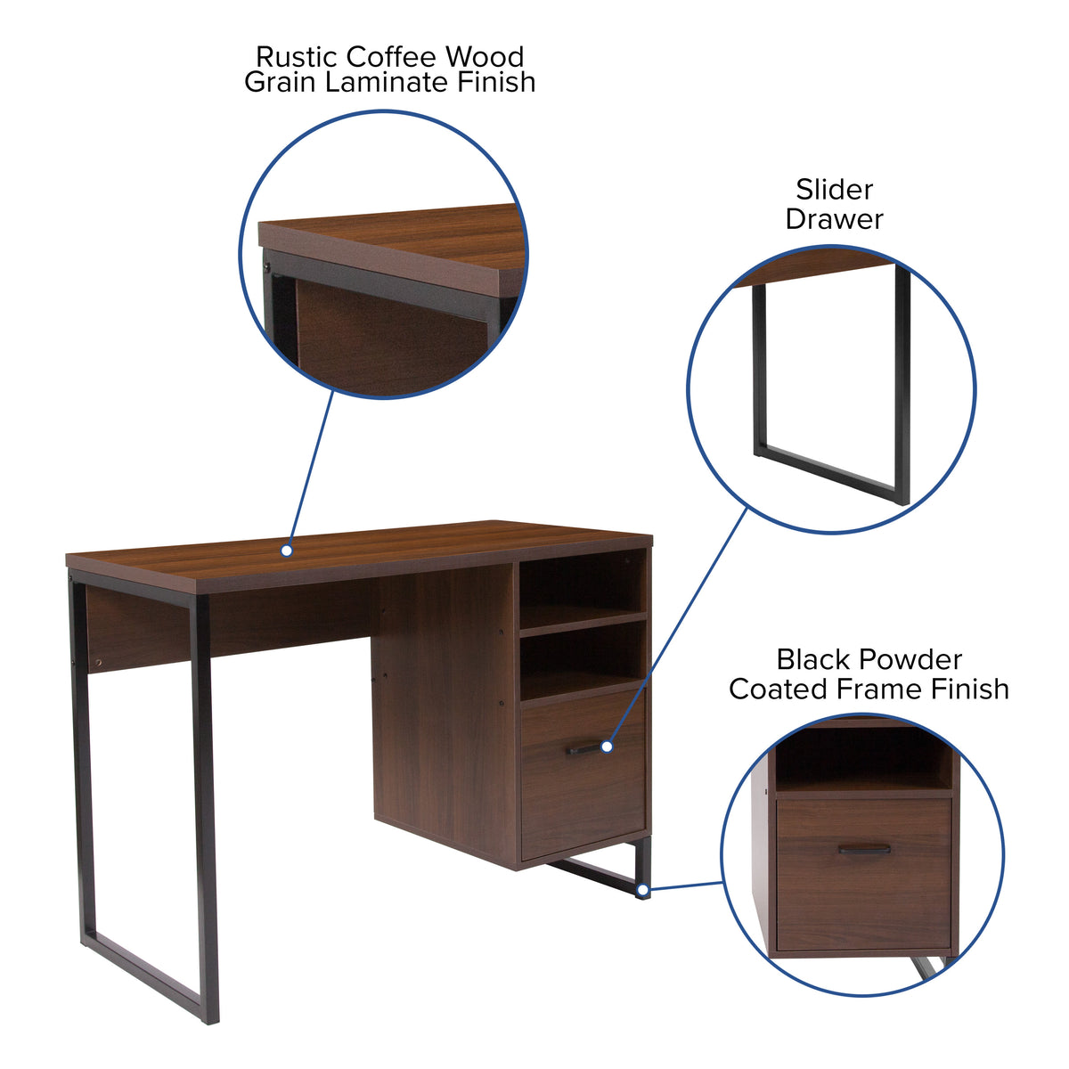 Rustic Coffee Wood Grain Finish Computer Desk with Black Metal Frame