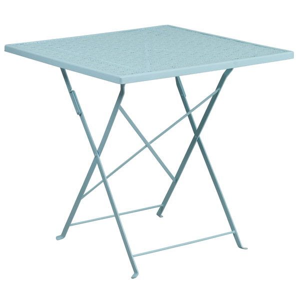 Sky Blue |#| 28inch Square Sky Blue Indoor-Outdoor Steel Folding Patio Table - Home Furniture
