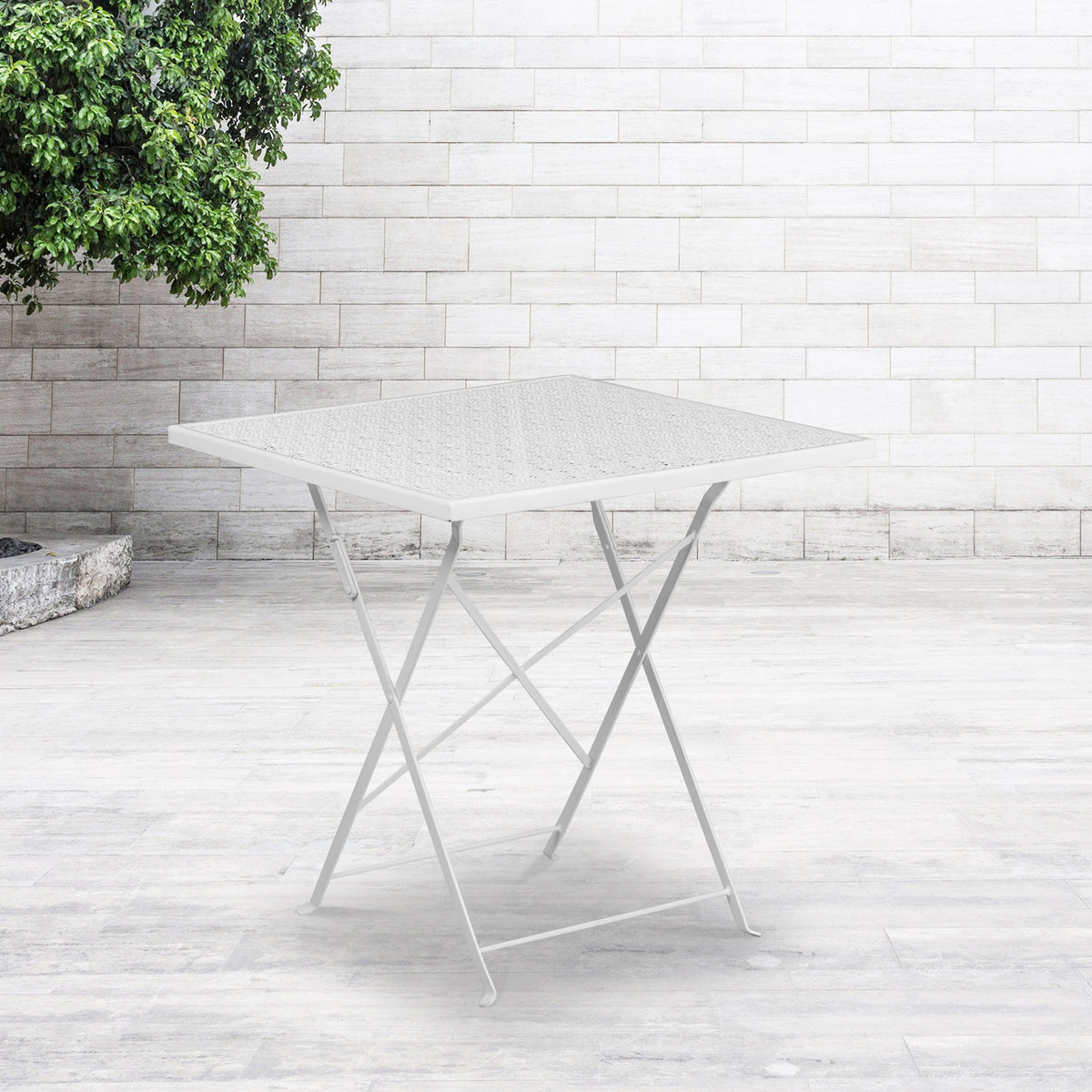 White |#| 28inch Square White Indoor-Outdoor Steel Folding Patio Table - Home Furniture