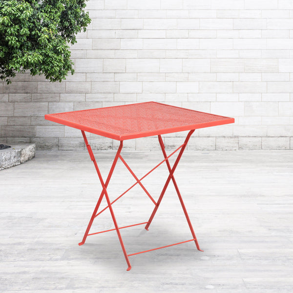 Coral |#| 28inch Square Coral Indoor-Outdoor Steel Folding Patio Table - Home Furniture