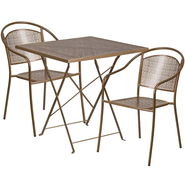 Gold |#| 28inch Square Gold Indoor-Outdoor Steel Folding Patio Table Set with 2 Chairs
