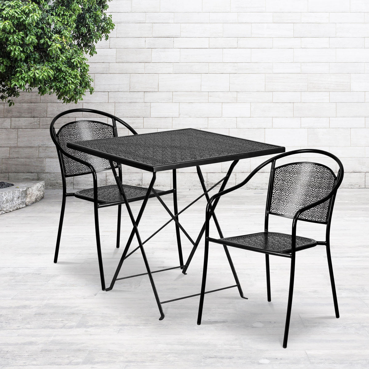 Black |#| 28inch Square Black Indoor-Outdoor Steel Folding Patio Table Set with 2 Chairs