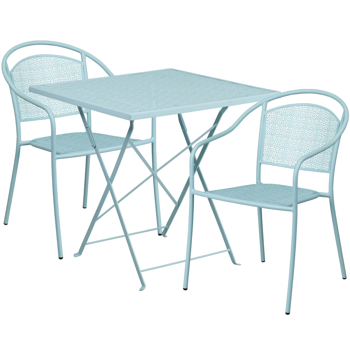 Sky Blue |#| 28inch Square Sky Blue Indoor-Outdoor Steel Folding Patio Table Set with 2 Chairs