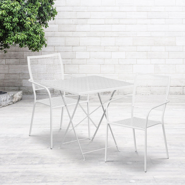 White |#| 28inch Square White Indoor-Outdoor Steel Folding Patio Table Set with 2 Chairs