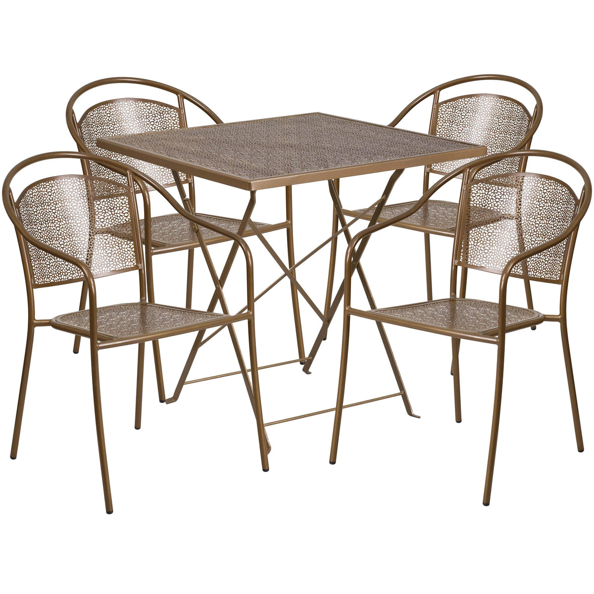 Gold |#| 28inch Square Gold Indoor-Outdoor Steel Folding Patio Table Set with 4 Chairs