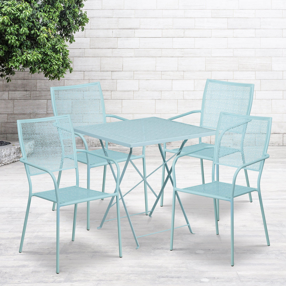 Sky Blue |#| 28inch Square Sky Blue Indoor-Outdoor Steel Folding Patio Table Set with 4 Chairs