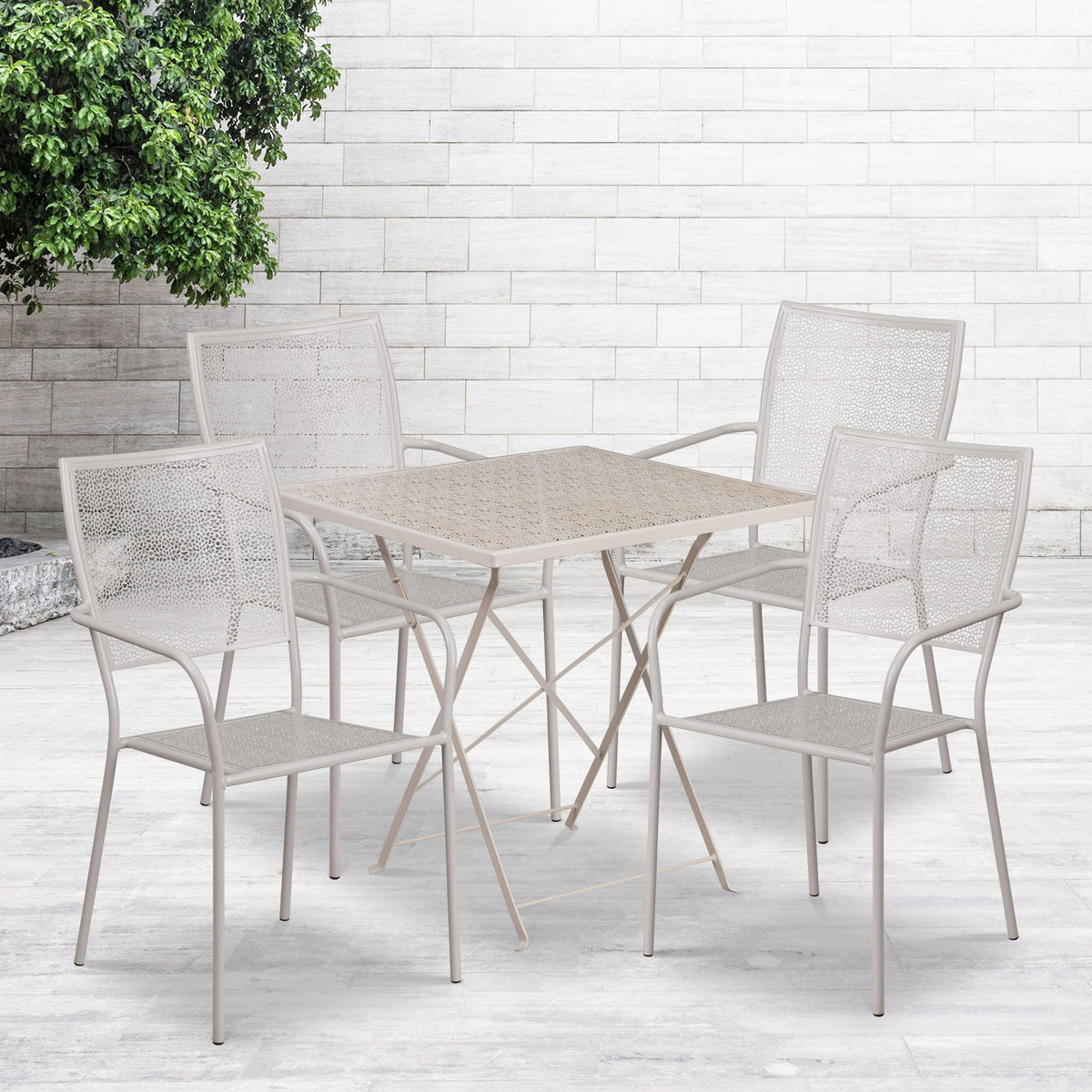 Light Gray |#| 28inch Square Lt Gray Indoor-Outdoor Steel Folding Patio Table Set with 4 Chairs