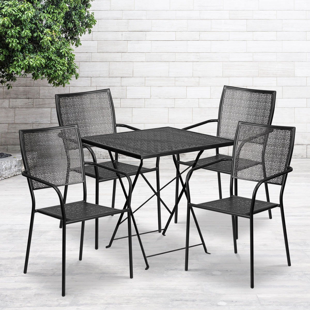 Black |#| 28inch Square Black Indoor-Outdoor Steel Folding Patio Table Set with 4 Chairs