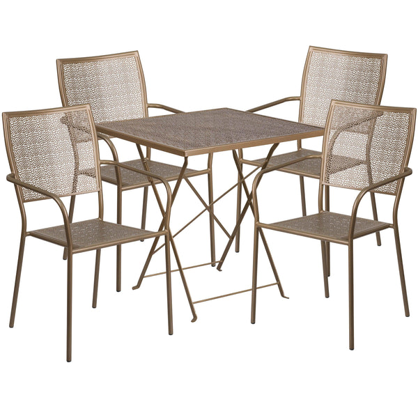 Gold |#| 28inch Square Gold Indoor-Outdoor Steel Folding Patio Table Set with 4 Chairs