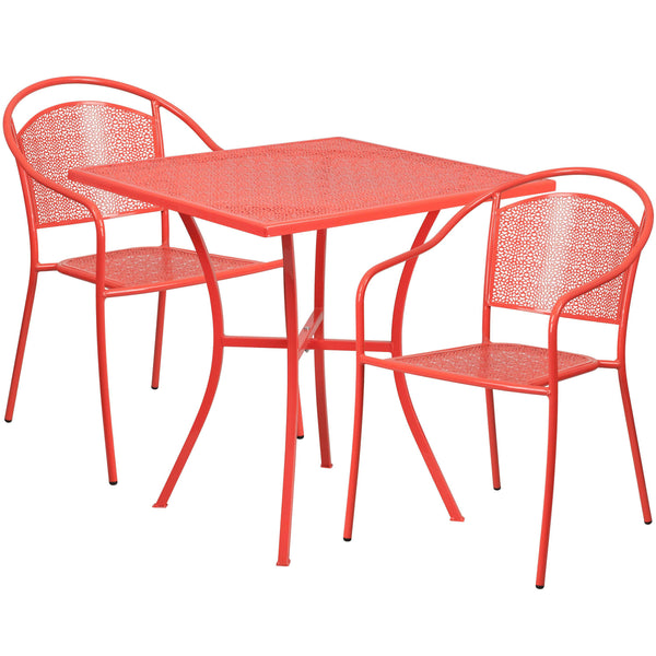 Coral |#| 28inch Square Coral Indoor-Outdoor Steel Patio Table Set with 2 Round Back Chairs