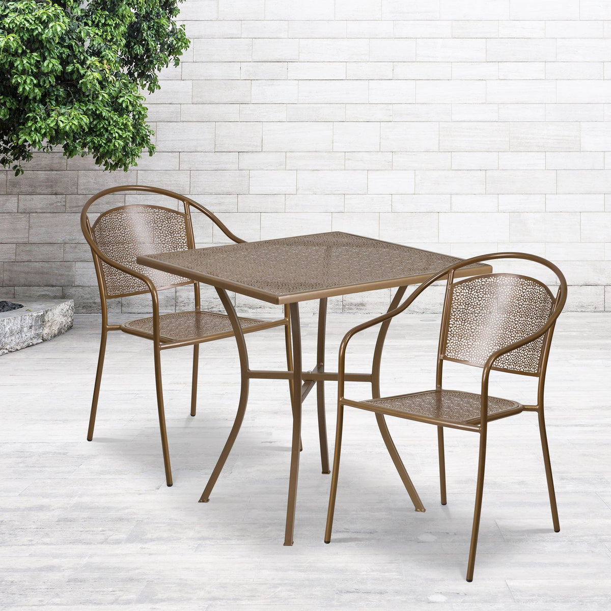 Gold |#| 28inch Square Gold Indoor-Outdoor Steel Patio Table Set with 2 Round Back Chairs