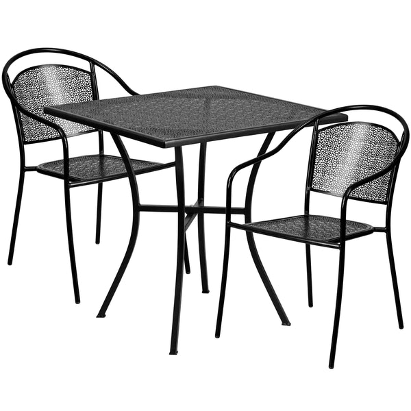 Black |#| 28inch Square Black Indoor-Outdoor Steel Patio Table Set with 2 Round Back Chairs
