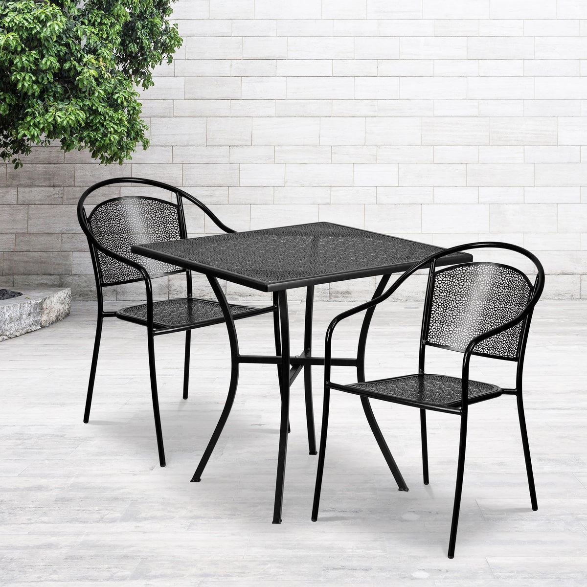 Black |#| 28inch Square Black Indoor-Outdoor Steel Patio Table Set with 2 Round Back Chairs