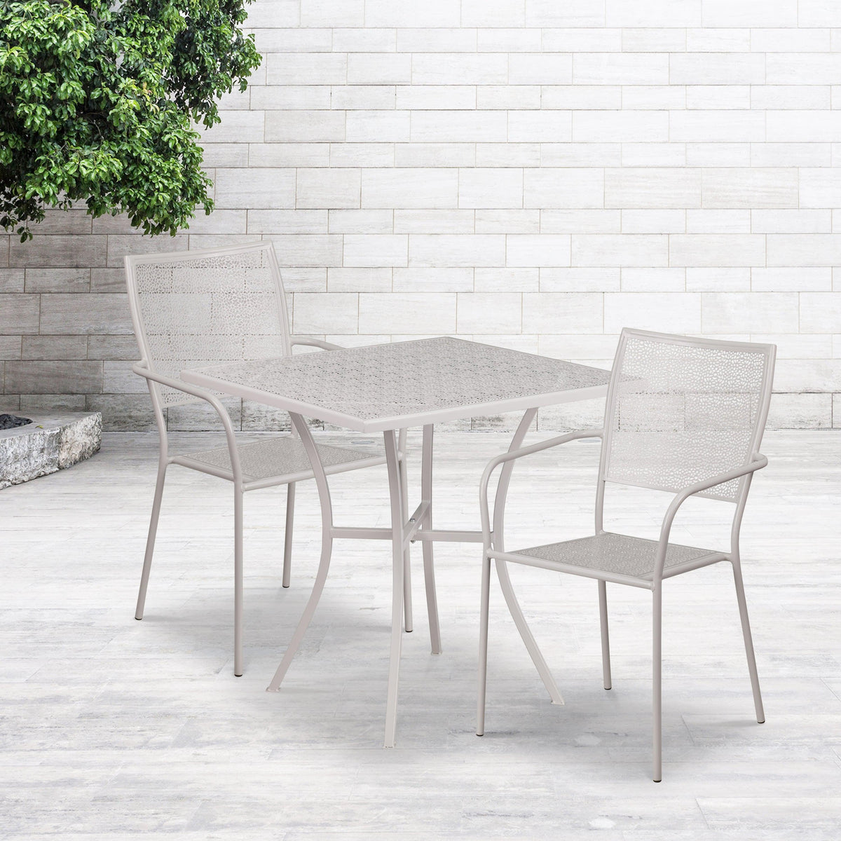 Light Gray |#| 28inch Square Lt Gray Indoor-Outdoor Steel Patio Table Set - 2 Square Back Chairs