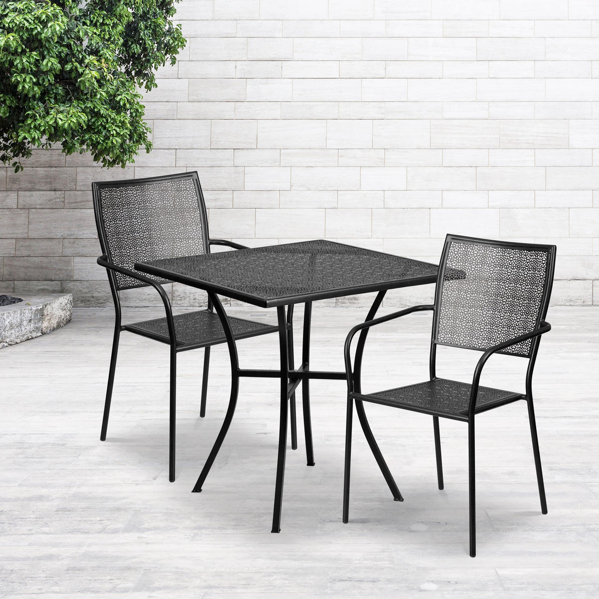 Black |#| 28inch Square Black Indoor-Outdoor Steel Patio Table Set with 2 Square Back Chairs