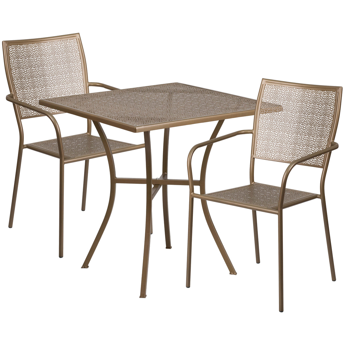 Gold |#| 28inch Square Gold Indoor-Outdoor Steel Patio Table Set with 2 Square Back Chairs