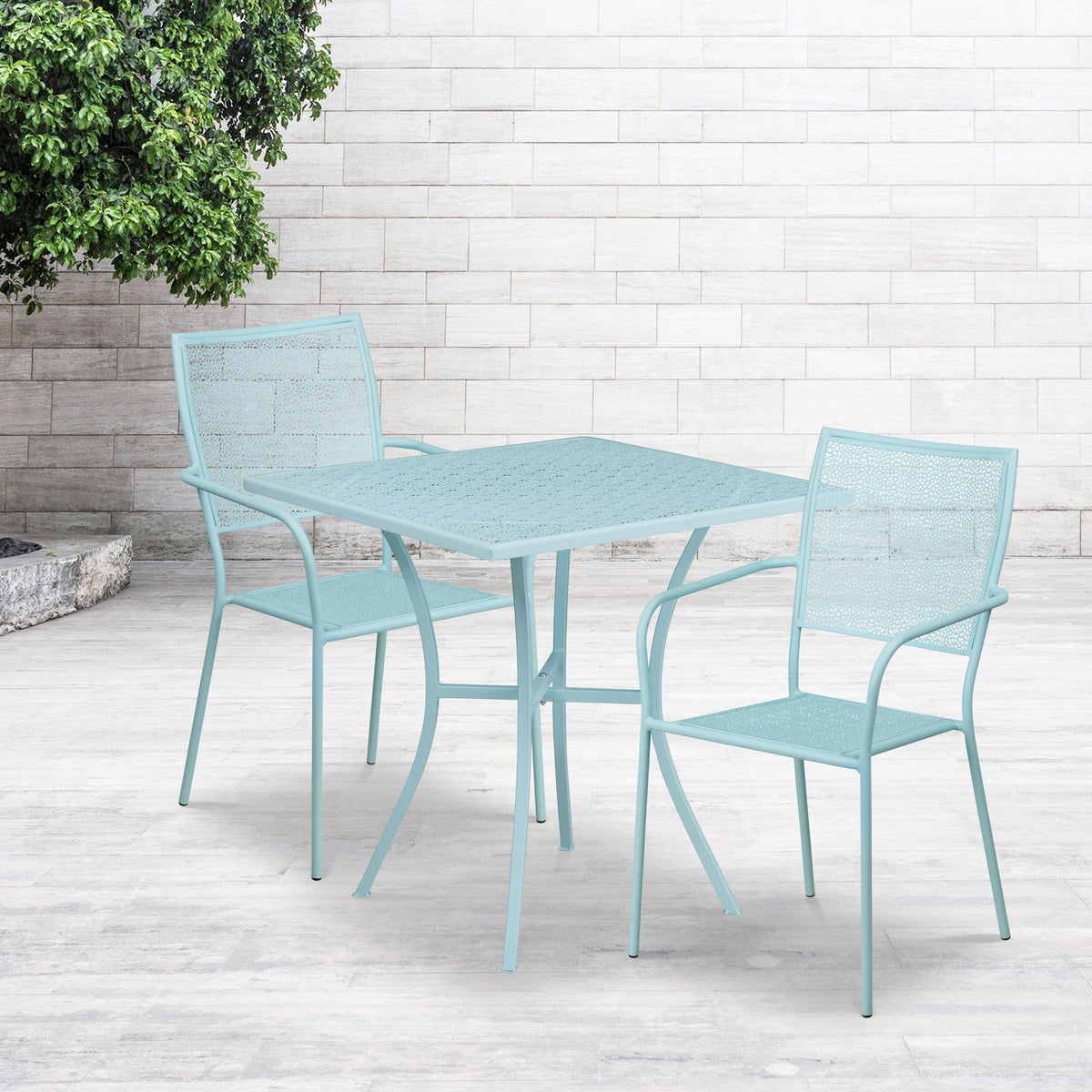 Sky Blue |#| 28inch Square Sky Blue Indoor-Outdoor Steel Patio Table Set - 2 Square Back Chairs