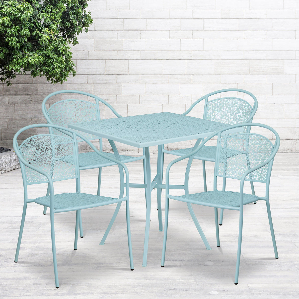 Sky Blue |#| 28inch Square Sky Blue Indoor-Outdoor Steel Patio Table Set - 4 Round Back Chairs