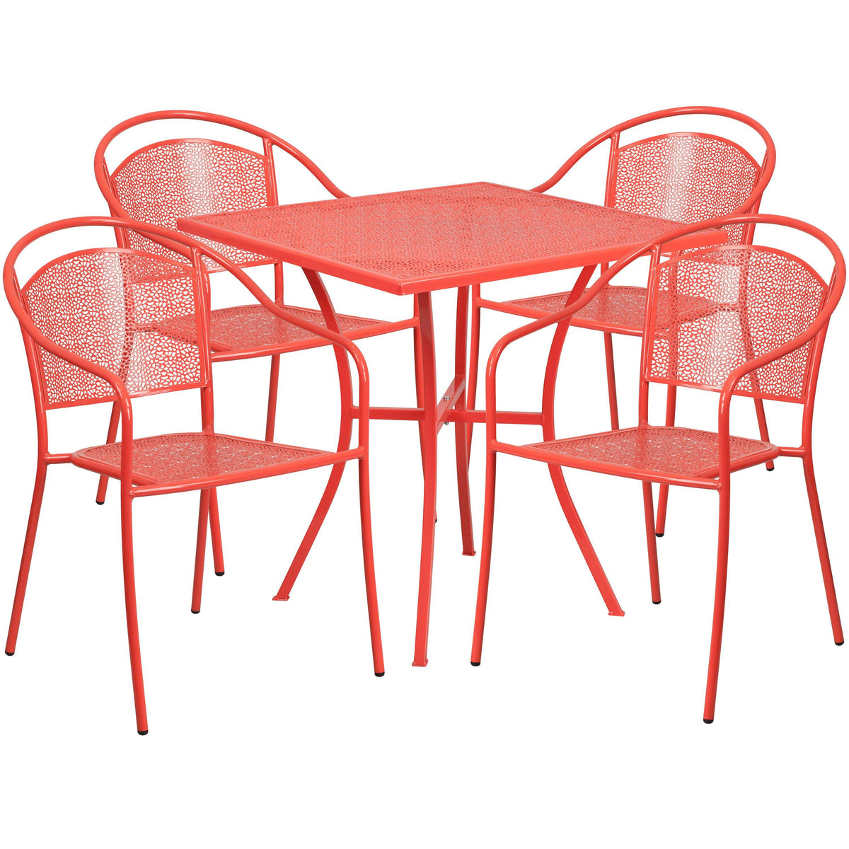 Coral |#| 28inch Square Coral Indoor-Outdoor Steel Patio Table Set with 4 Round Back Chairs