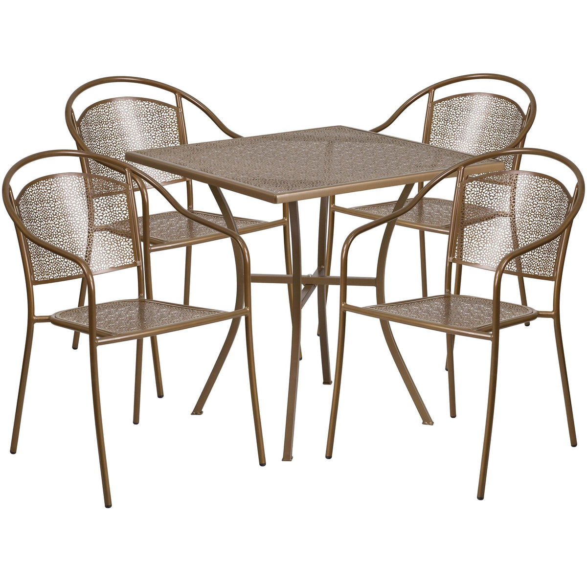 Gold |#| 28inch Square Gold Indoor-Outdoor Steel Patio Table Set with 4 Round Back Chairs