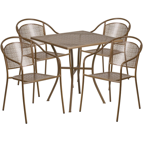 Gold |#| 28inch Square Gold Indoor-Outdoor Steel Patio Table Set with 4 Round Back Chairs