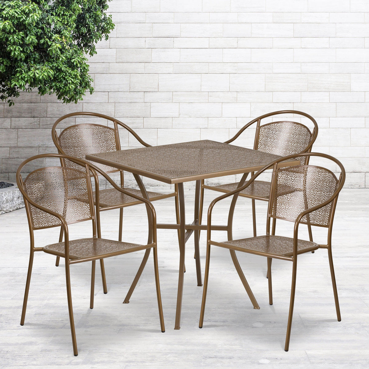Gold |#| 28inch Square Gold Indoor-Outdoor Steel Patio Table Set with 4 Round Back Chairs