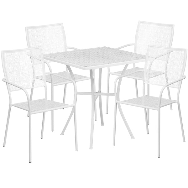 White |#| 28inch Square White Indoor-Outdoor Steel Patio Table Set with 4 Square Back Chairs