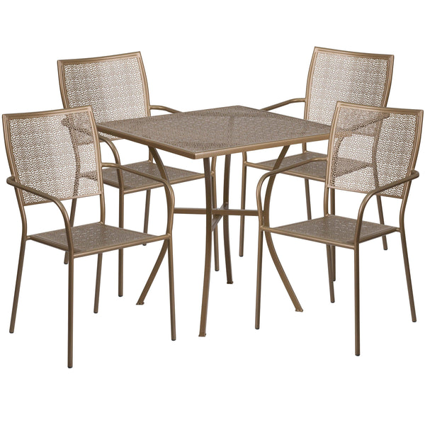 Gold |#| 28inch Square Gold Indoor-Outdoor Steel Patio Table Set with 4 Square Back Chairs