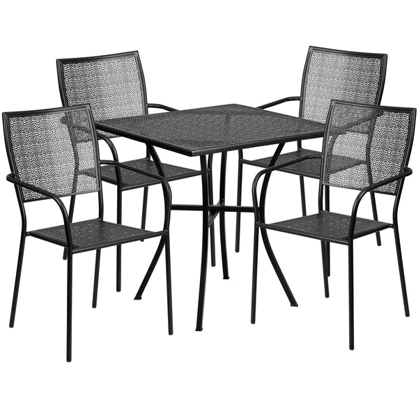 Black |#| 28inch Square Black Indoor-Outdoor Steel Patio Table Set with 4 Square Back Chairs