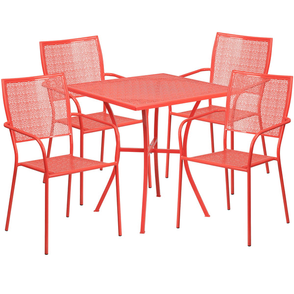 Coral |#| 28inch Square Coral Indoor-Outdoor Steel Patio Table Set with 4 Square Back Chairs