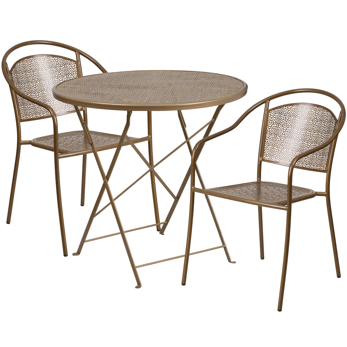 Gold |#| 30inch Round Gold Indoor-Outdoor Steel Folding Patio Table Set with 2 Chairs