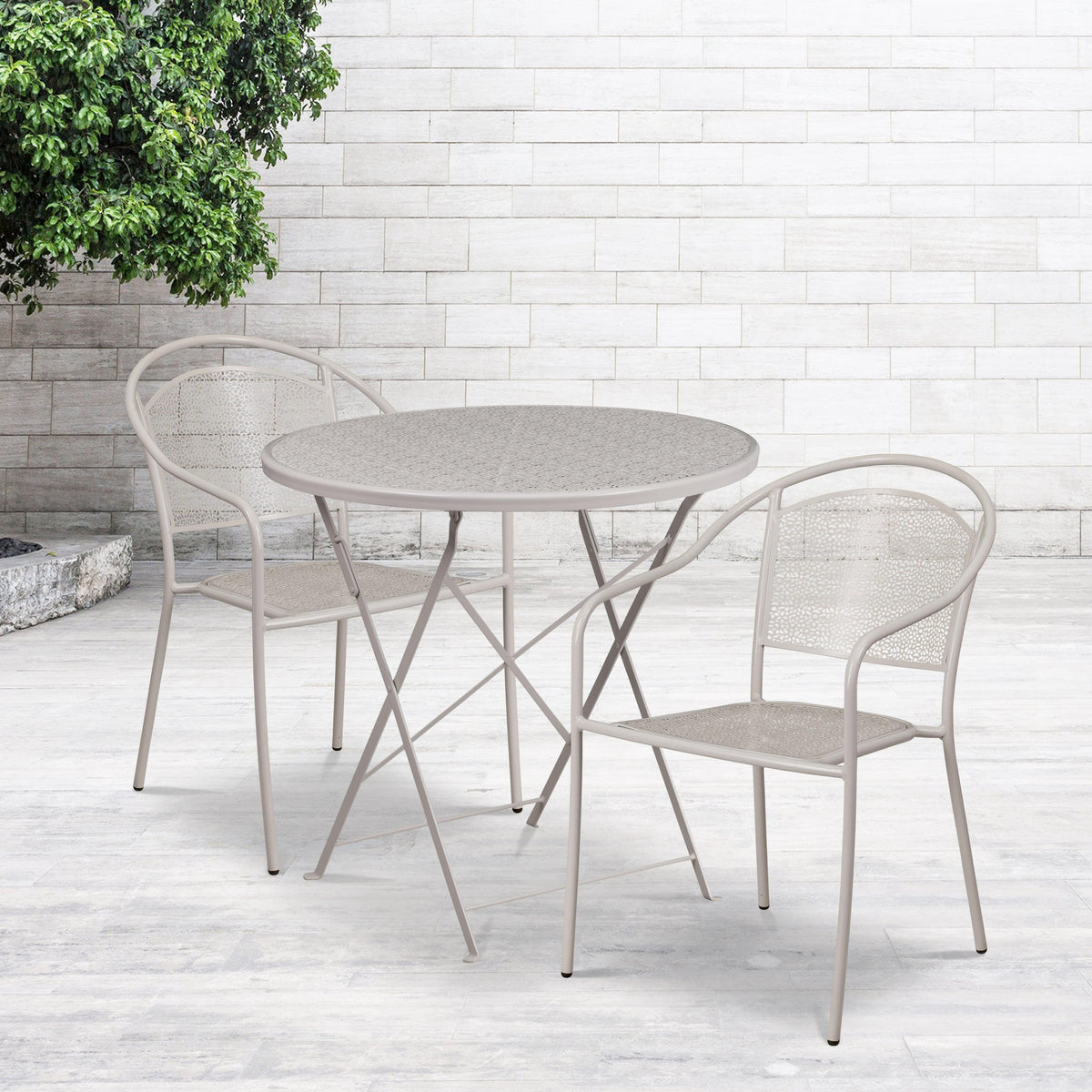 Light Gray |#| 30inch Round Light Gray Indoor-Outdoor Steel Folding Patio Table Set with 2 Chairs