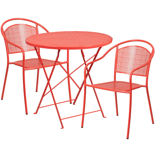 Coral |#| 30inch Round Coral Indoor-Outdoor Steel Folding Patio Table Set with 2 Chairs