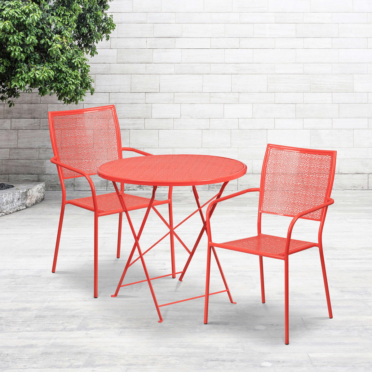 Coral |#| 30inch Round Coral Indoor-Outdoor Steel Folding Patio Table Set with 2 Chairs