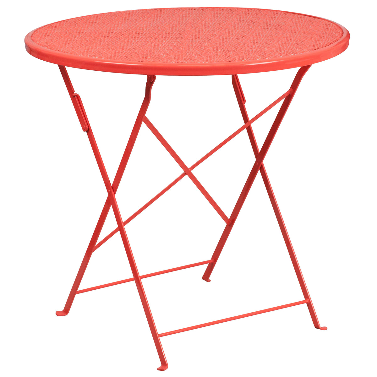 Coral |#| 30inch Round Coral Indoor-Outdoor Steel Folding Patio Table Set with 2 Chairs