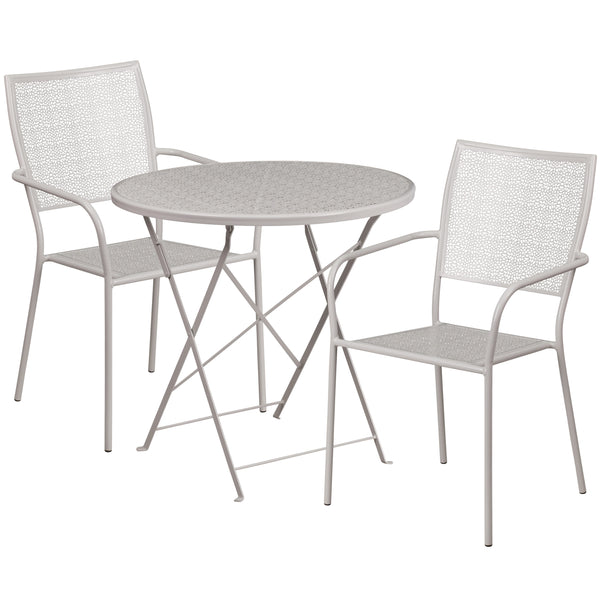 Light Gray |#| 30inch Round Light Gray Indoor-Outdoor Steel Folding Patio Table Set with 2 Chairs