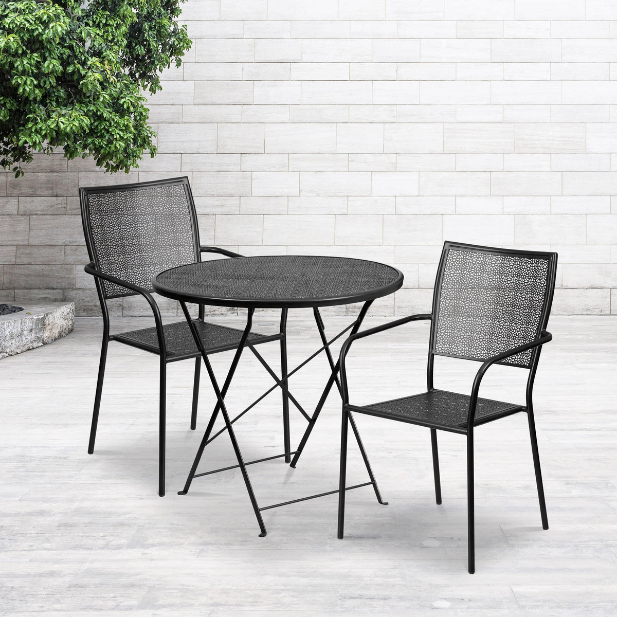 Black |#| 30inch Round Black Indoor-Outdoor Steel Folding Patio Table Set with 2 Chairs