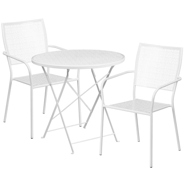 White |#| 30inch Round White Indoor-Outdoor Steel Folding Patio Table Set with 2 Chairs