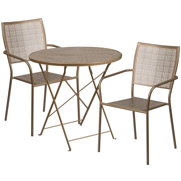 Gold |#| 30inch Round Gold Indoor-Outdoor Steel Folding Patio Table Set with 2 Chairs