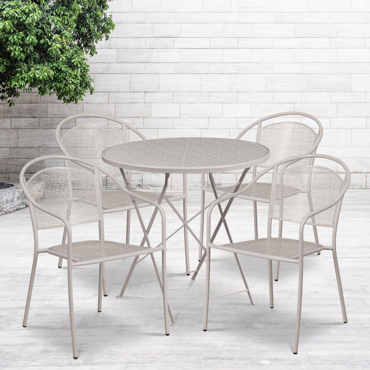 Light Gray |#| 30inch Round Light Gray Indoor-Outdoor Steel Folding Patio Table Set with 4 Chairs