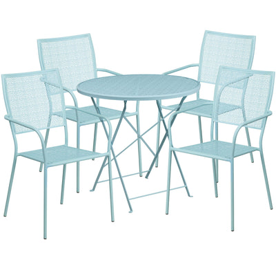 Oia Commercial Grade 30" Round Indoor-Outdoor Steel Folding Patio Table Set with 4 Square Back Chairs - View 1